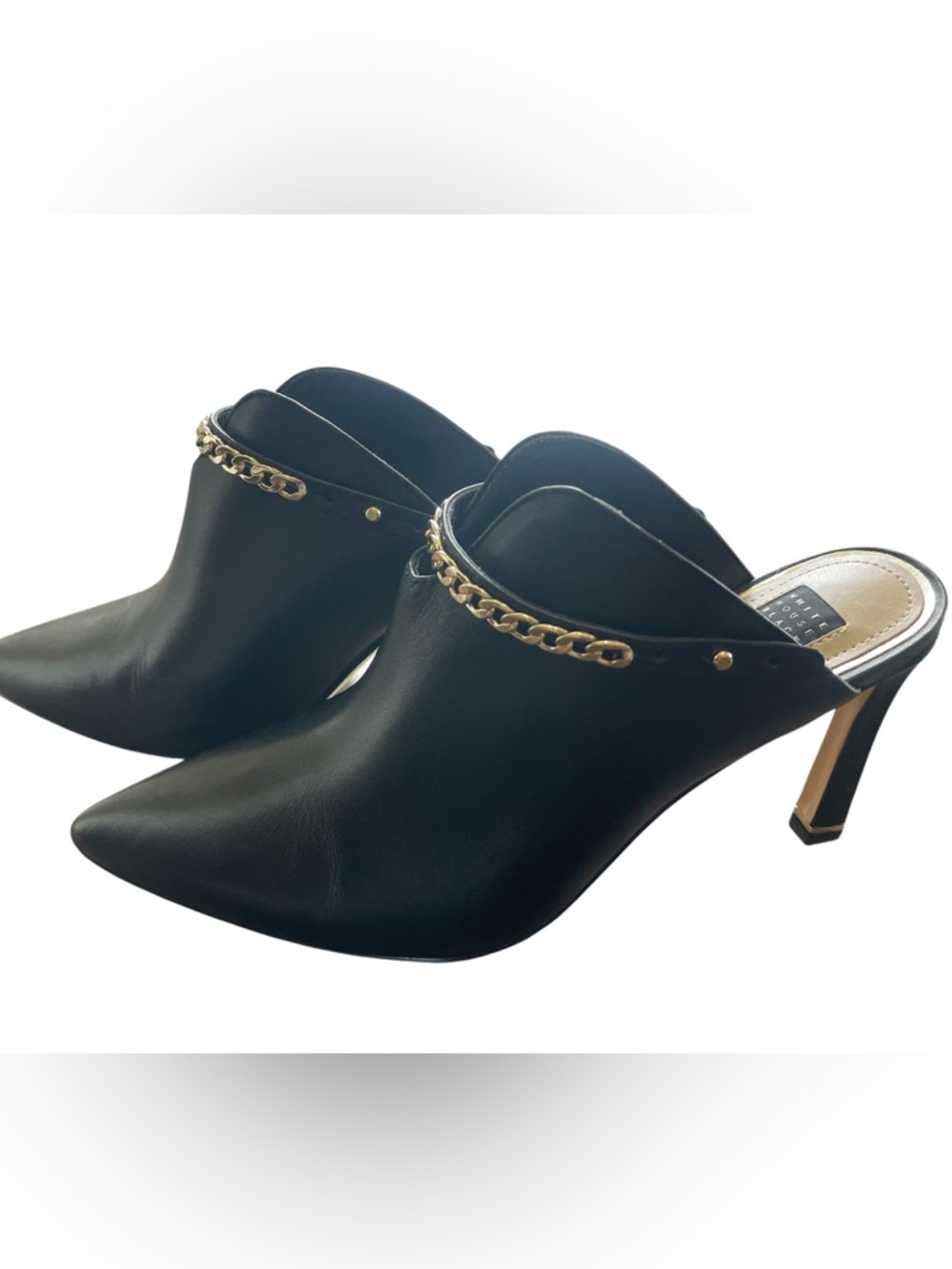 WHBM Like New Gold Chain Mule Stiletto Heels Similar to Jimmy Choo Lexx Style